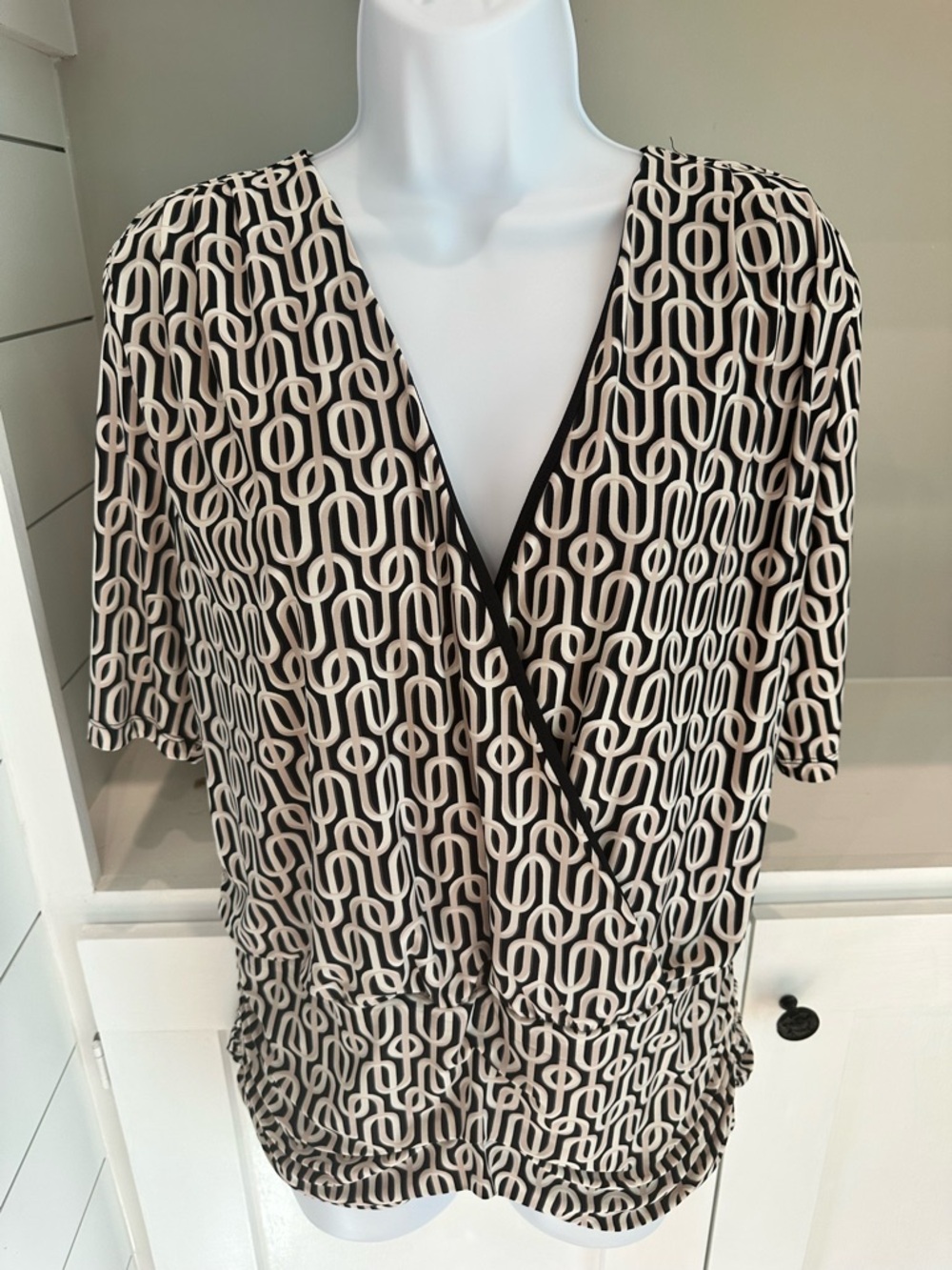 INC International Concepts NWOT Black & Cream Geometric Wrap Blouse